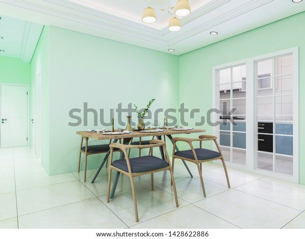 3d\
rendering,Modern family living room design, green tones walls,\
divided into two areas, dining room and seating\
area