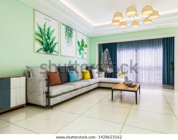 3d\
rendering,Modern family living room design, green tones walls,\
divided into two areas, dining room and seating\
area