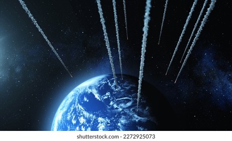 3d rendering,Multiple asteroids Heading planet earth, 2022, outer space view