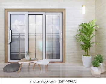3D rendering,On the open balcony, there are sofa stool and tea table, with blue sky and white clouds outside - Shutterstock ID 1594449478