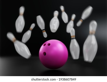 3d rendering-Pink Bowling Ball crashing into the pins on black background.