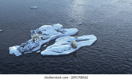 3D Rendering,polar Bears On The Melting Arctic Sea Ice, Aerial View
Drone View,global Warming Concept, Polar Bear In Extinction Danger, 3d Illustration

