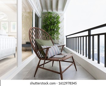 3D rendering,The design of the outdoor balcony of the urban residence is equipped with flowers, leisure tables, chairs and other decorations.