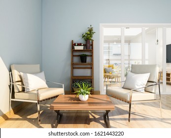 3D rendering,The design of the outdoor balcony of the urban residence is equipped with flowers, leisure tables, chairs and other decorations.