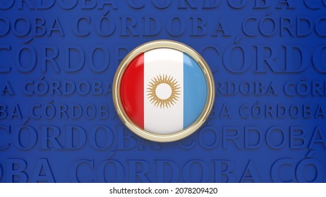 3d Renderinig Of A Badge With The Flag Of The Province Of Córdoba, Argentina, On Blue Background