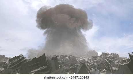 3d renderin-Nuclear explosion close to destroyed city
Cinematic view of Apocalyptic destroyed city and nuclear mushroom cloud,4K,2024
