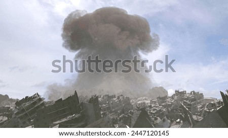 3d renderin-Nuclear explosion close to destroyed city
Cinematic view of Apocalyptic destroyed city and nuclear mushroom cloud,4K,2024
