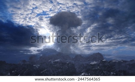 3d renderin-Nuclear explosion close to destroyed city
Cinematic view of Apocalyptic destroyed city and nuclear mushroom cloud,4K,2024
