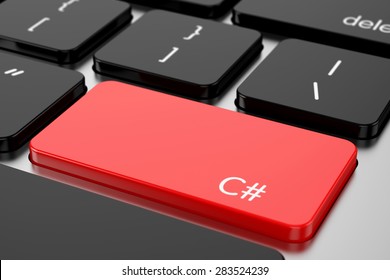 3d renderion of computer programming coding keyboard concept. Red Enter button with machine code language C#