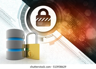 3d rendring database with padlock security concept