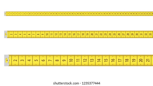 3d renedring of three straight lines of yellow measurement tapes with two of them further away in the perspective isolated on a white background. Measurement convention. Dressmaker's job. Assessing