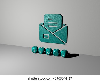 3D representation of EMAIL with icon on the wall and text arranged by metallic cubic letters on a mirror floor for concept meaning and slideshow presentation, 3D illustration