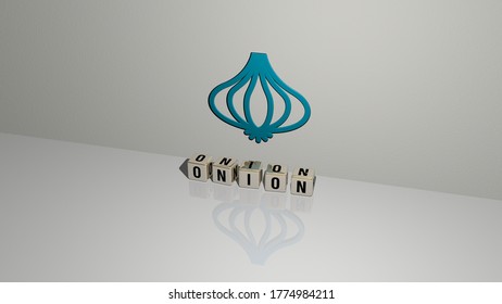 3D Representation Of ONION With Icon On The Wall And Text Arranged By Metallic Cubic Letters On A Mirror Floor For Concept Meaning And Slideshow Presentation. Background And Food