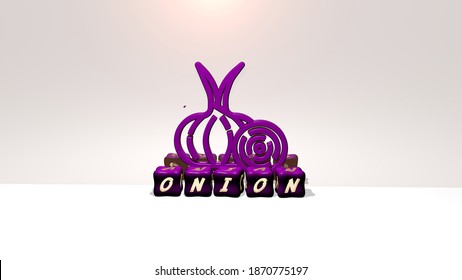 3D Representation Of ONION With Icon On The Wall And Text Arranged By Metallic Cubic Letters On A Mirror Floor For Concept Meaning And Slideshow Presentation, 3D Illustration