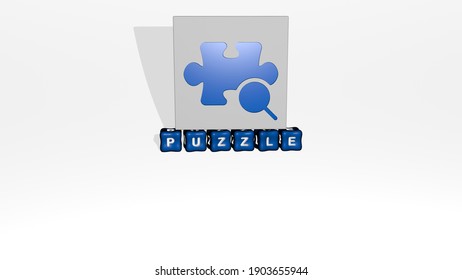 3D representation of PUZZLE with icon on the wall and text arranged by metallic cubic letters on a mirror floor for concept meaning and slideshow presentation, 3D illustration