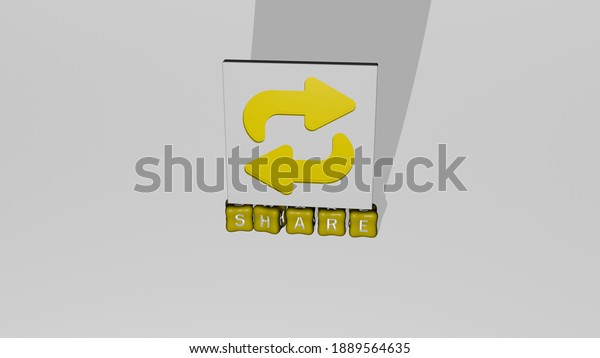 3D representation\
of SHARE with icon on the wall and text arranged by metallic cubic\
letters on a mirror floor for concept meaning and slideshow\
presentation, 3D\
illustration