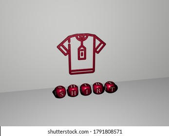 3D representation of shirt with icon on the wall and text arranged by metallic cubic letters on a mirror floor for concept meaning and slideshow presentation. background and white