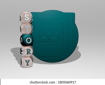 3D Representation Of Story With Icon On The Wall And Text Arranged By Metallic Cubic Letters On A Mirror Floor For Concept Meaning And Slideshow Presentation, 3D Illustration