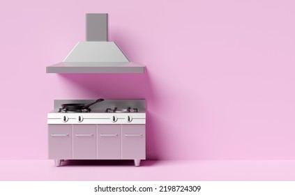 3d Restaurant Kitchen With Gas Stove, Cooker Hood Isolated On Pink Background. Modern Industrial Kitchen With Equipment Concept, 3d Render Illustration, Clipping Path