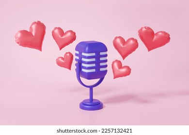 3D retro microphone with red heart floating listening entertainment, musical studio karaoke on pink background. Minimal cartoon happy valentine day i love music concept. 3d rendering illustration - Powered by Shutterstock