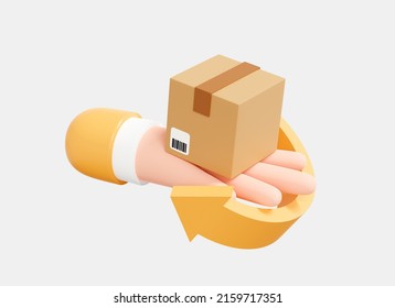 3D Return Of Parcel Or Order To Courier. Deliveryman Hand Holding Cardboard Box. Fast Delivery Concept. Return With Arrow Back. Cartoon Creative Design Icon Isolated On White Background. 3D Rendering