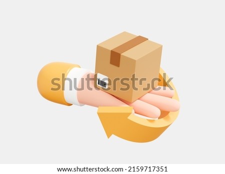 3D Return of parcel or order to courier. Deliveryman hand holding cardboard box. Fast delivery concept. Return with arrow back. Cartoon creative design icon isolated on white background. 3D Rendering