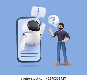 3D robot chatbot in smartphone voice application abstract concept 3D render illustration. Chatbot voice controlled virtual assistant, machine self learning and customer service, AI in ecommerce