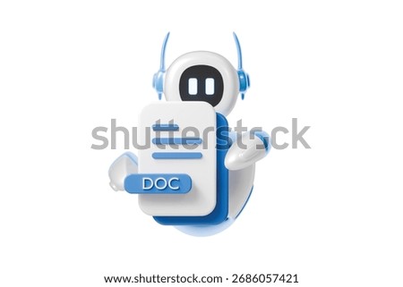 3d robot holding doc file icon. document management concept. Minimal cartoon doc docx word file paper for app banner website hero. isolated on white background. 3d render.