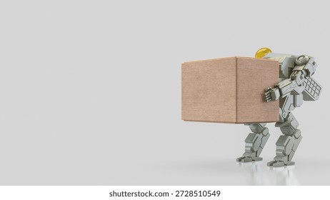 3D robot lifting a large box on clean background, representing automation, artificial intelligence, logistics, warehouse technology, industrial robotics, and future workforce efficiency.