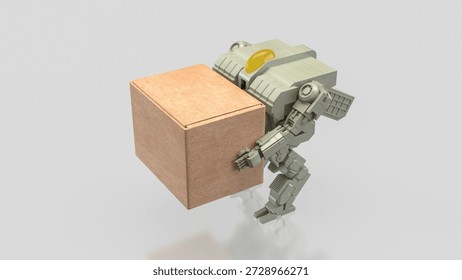 3D robot lifting a large box on clean background, representing automation, artificial intelligence, logistics, warehouse technology, industrial robotics, and future workforce efficiency.