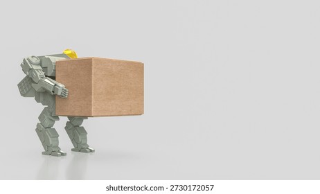 3D robot lifting a large box on clean background, representing automation, artificial intelligence, logistics, warehouse technology, industrial robotics, and future workforce efficiency.