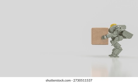 3D robot lifting a large box on clean background, representing automation, artificial intelligence, logistics, warehouse technology, industrial robotics, and future workforce efficiency.
