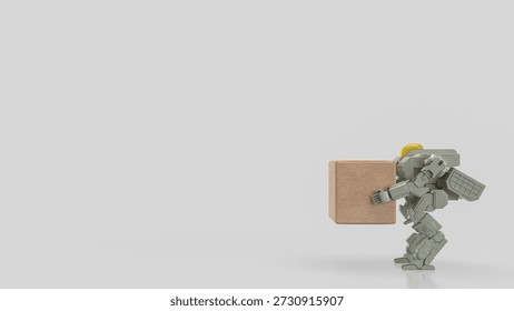 3D robot lifting a large box on clean background, representing automation, artificial intelligence, logistics, warehouse technology, industrial robotics, and future workforce efficiency.