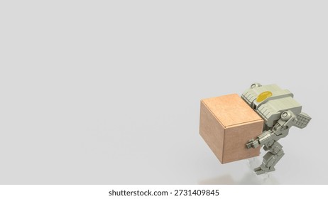 3D robot lifting a large box on clean background, representing automation, artificial intelligence, logistics, warehouse technology, industrial robotics, and future workforce efficiency.