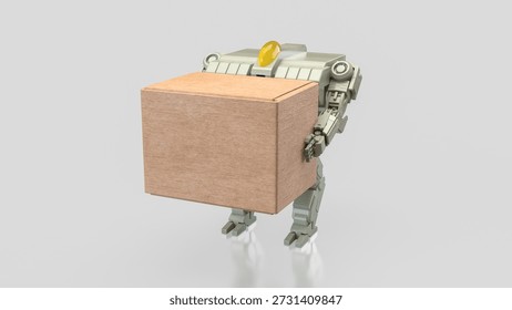 3D robot lifting a large box on clean background, representing automation, artificial intelligence, logistics, warehouse technology, industrial robotics, and future workforce efficiency.