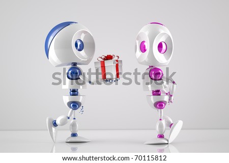  3d robot offering a gift box to its lover