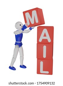 3d robot stacks cubes with letters that together make mail. 3d rendering