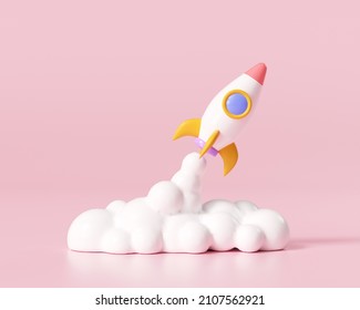 3D Rocket launch pink background  Spaceship icon  startup business concept  3d render illustration