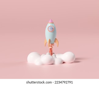 
3d rocket launch on pink background, spaceship icon, planet exploration business concept, start. 3d illustratio