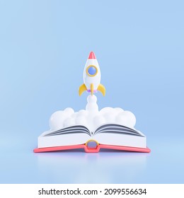 3D Rocket Launch On Top Of A Book Background, Spaceship Icon, Education, And Back To School Concept. 3d Render Illustration