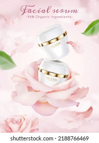 3d Rose Facial Serum Ad Template, Product Jar Mockup Displayed On Large Pink Roses.