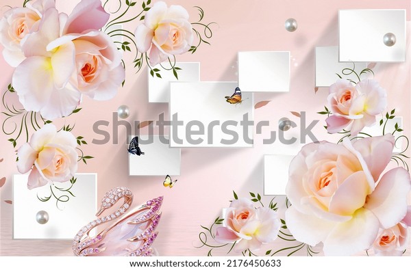 3d rose flower wallpaper design and swan beautiful wall 3d background