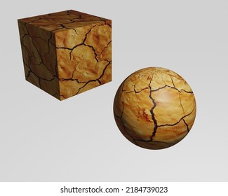 3D Rough Mud Crack Soil Texture Solid Cube And Sphere Icon. This Soil Crack Icons Can Use As Sample Of Materials In Industry, Construction And Manufacture Fields.