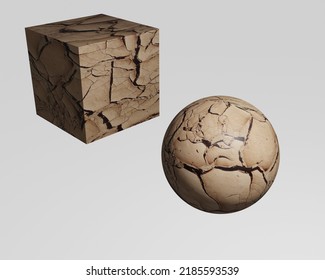 3D Rough Mud Crack Soil Texture Solid Cube And Sphere Icon. This Soil Crack Icons Can Use As Sample Of Materials In Industry, Construction And Manufacture Fields.