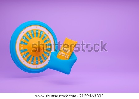 3D roulette and envelope with coupon free spins on lilac background. Yellow and blue colors. Gambling concept design. 3d rendering illustration.