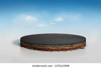 3D round layered soil cross section with asphalt road, realistic 3D Illustration slice circle cutaway with tar road blue sky