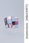 3D Rubik Cube Pink and Blue Combination with Glass, Metallic, Doff Particle. Isolated Render on a Blue Background