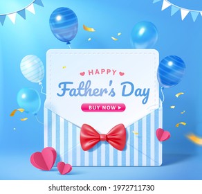 3d sale promo background for happy Father's Day. Layout design of blue stripe envelope with flying balloons. Concept of gratitude for dads - Powered by Shutterstock