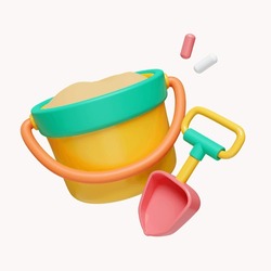 3d Sand Bucket Icon Summer Beach Holiday. Summer Vacation And Holidays Concept. Icon Isolated On White Background. 3d Rendering Illustration. Clipping Path..