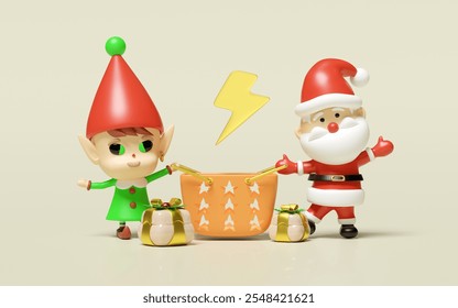 3d Santa Claus, little elf holding basket with gift box, thunderbolt isolated on beige background. flash sale banner, online shopping, merry christmas, new year holiday concept, 3d render illustration - Powered by Shutterstock